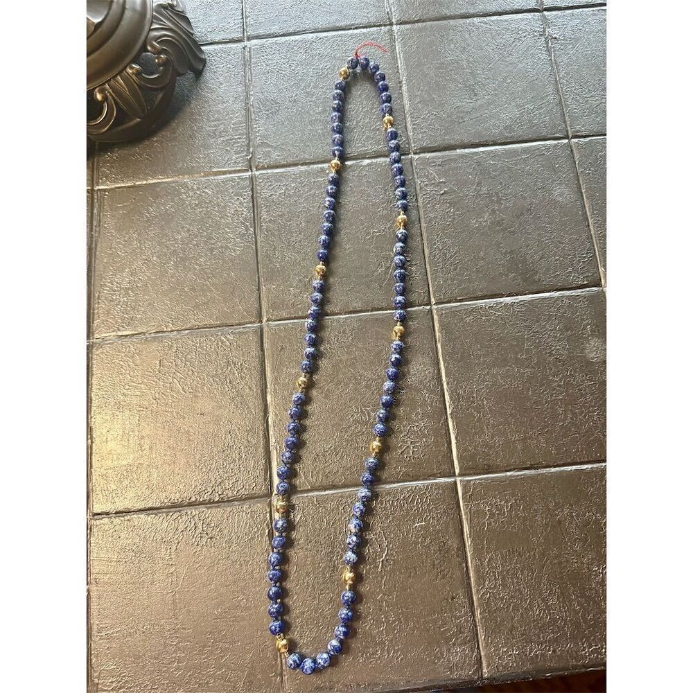 Lapis Lazuli & Gold Beaded Necklace 32" Hand-Knotted Blue Jewelry